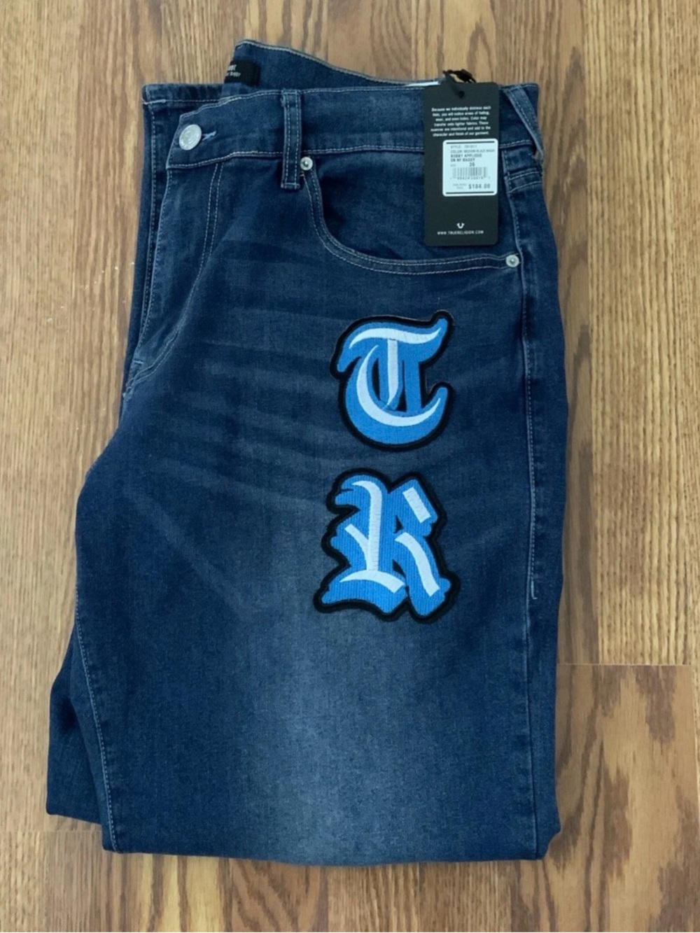 True Religion Bobby Applique Relaxed Baggy Jeans 34x32 Medium Blaze Wash NWT